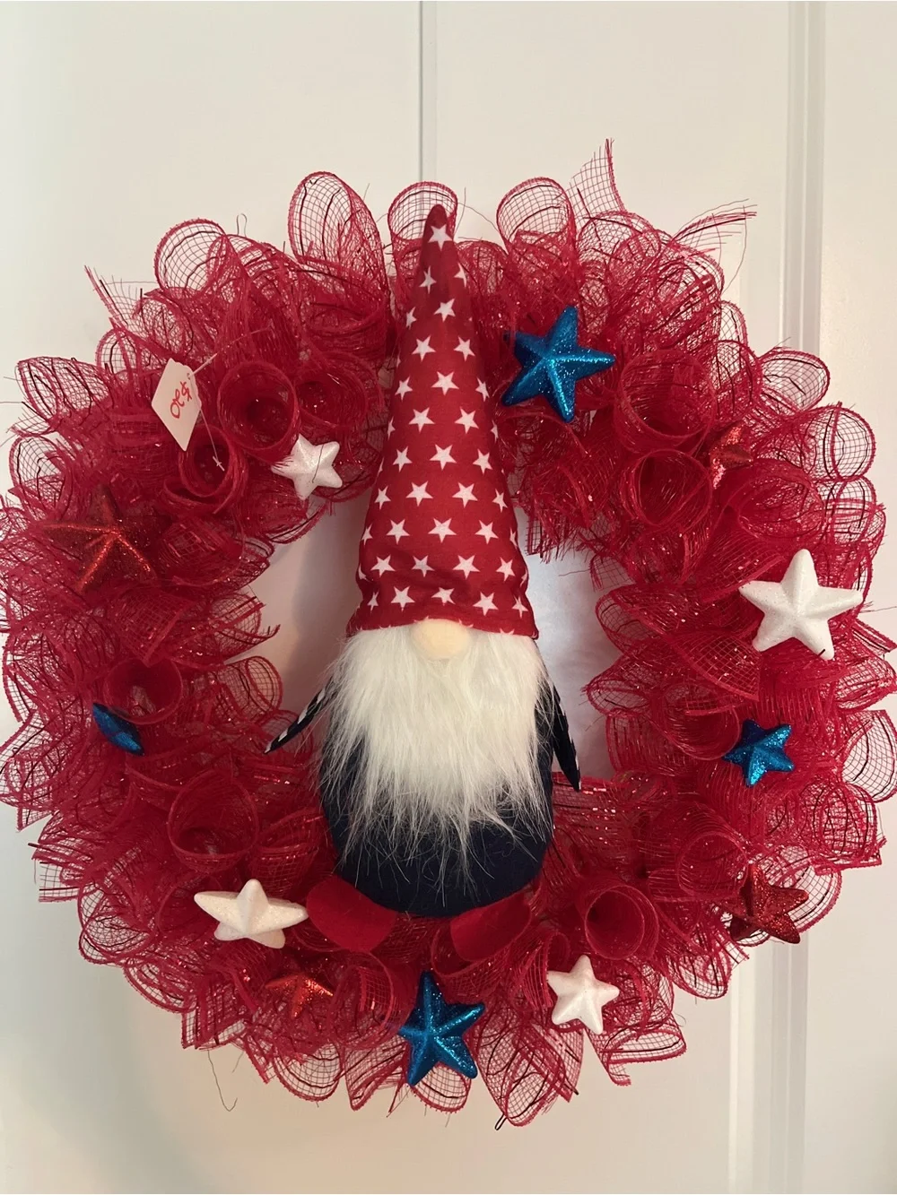 Patriotic Red Gnome Holiday Wreath - Home Holiday Decor Red White Blue